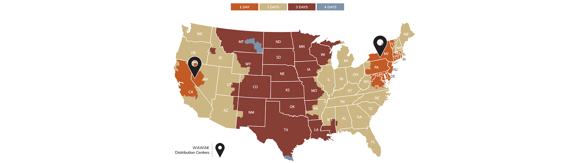 WAWAK United States Shipping Days In Transit Map | FedEx WAWAK Shipping Map | WAWAK Fast, Free Shipping